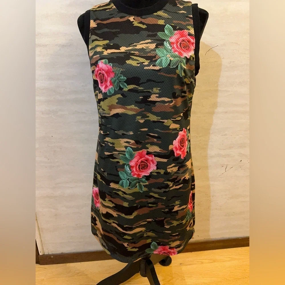 Eric + Lani camouflage and rose mesh tank dress